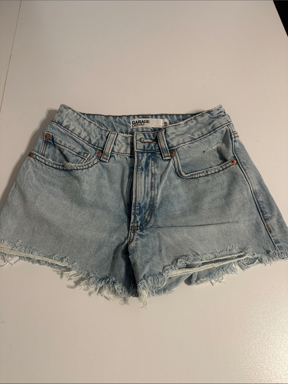 Garage Light Wash Frayed Denim Shorts - Blue